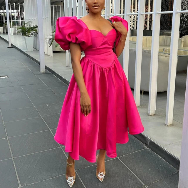 Classy Dresses for Women Sweetheart Neck Puff Sleeves Backless Pleated Midi Dress Summer Elegant Formal Party Wear Classy Dresses for Women Sweetheart Neck Puff Sleeves Backless Pleated Midi Dress Summer Elegant Formal Party Wear