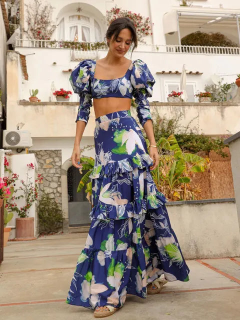 New Women Two-piece Skirt Suit Straps Tube Top Skirt Printed Naked Waist Chic Beach Dance Robe