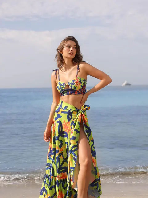 New Women Two-piece Skirt Suit Straps Tube Top Skirt Printed Naked Waist Chic Beach Dance Robe