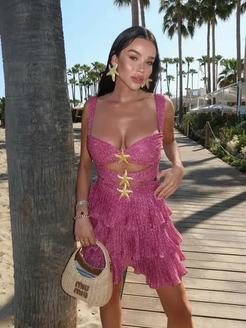 Short Mermaid Dress Cami Dress Elegant Women Cutout Sleeveless Halter High Waist A-line Mini Dress