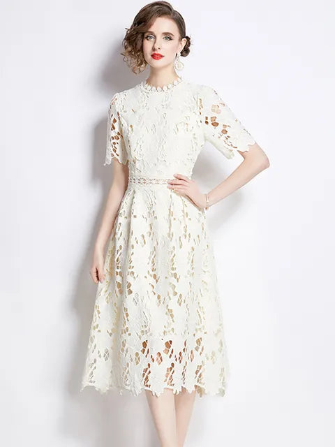 Embroidered Lace Hollow Out Dress Women's O-Neck Short Sleeve Long Dresses