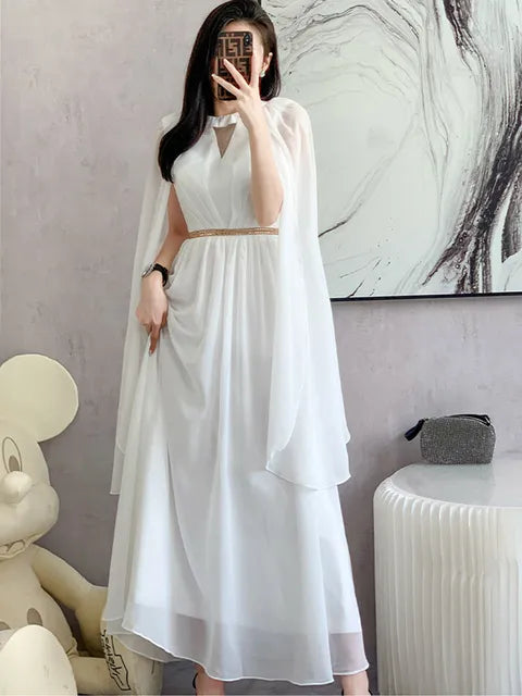 Luxurry White Long Dress Women Sleeveless High-End Vintage Elegant Party Dresses