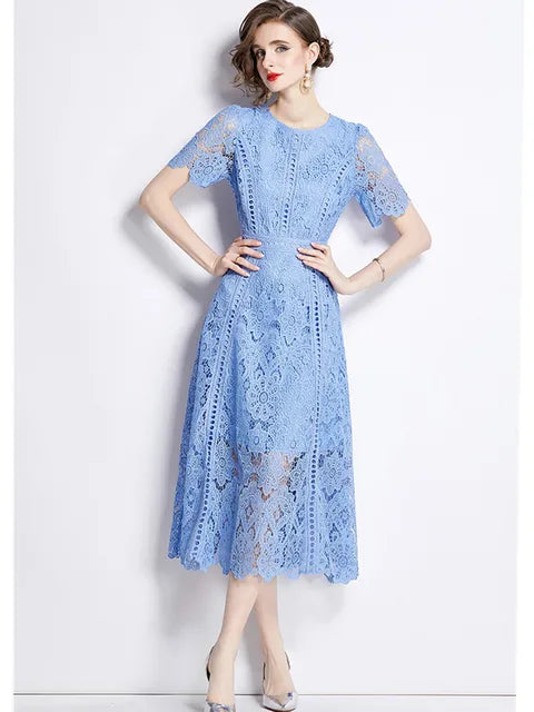High-End O-Neck Short Sleeve Lace Hollow Out Dress For Women's Summer Slim Elegant Long Dress