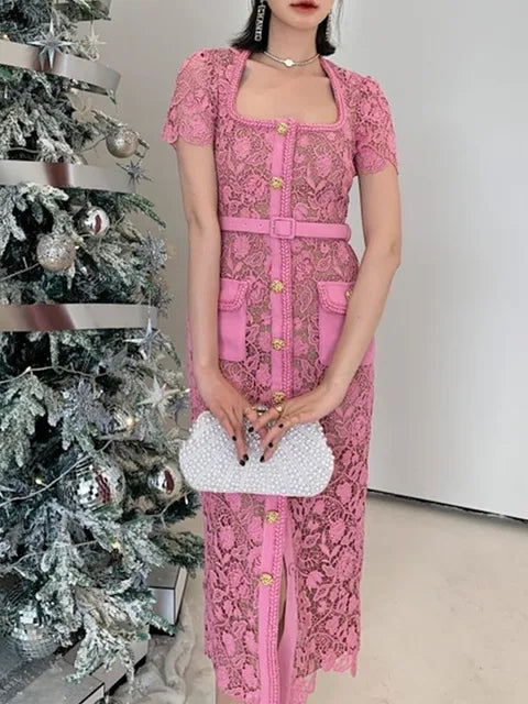 Pink Lace Square Neck Gold Button Lace Hollow Out Dress For Women