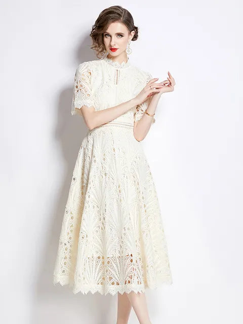 Stand Collar Lace Short Sleeve Summer Dress Women's Vintage Elegant Fashion Long Dresses