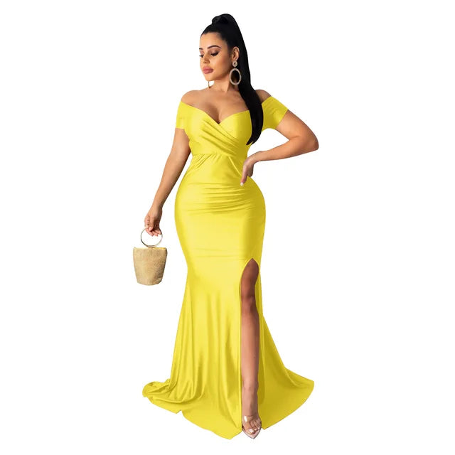 Fall Winter Women Off Shoulder Plunging V-neck High Side Split Mermaid Maxi Dress Sexy Night Party Club Long Dresses