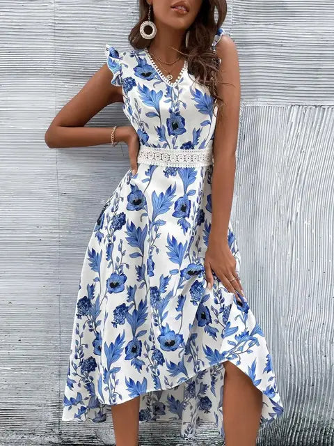 Blue Floral Print White Dresses Women Lace Hollow Out Long Dress Holiady Summer Bodycon Elegant Ruffles