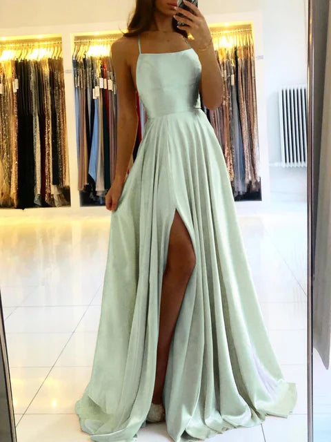Mint Green Bridesmaid Dresses Satin Maxi Flared Dress High Slit Sexy Open Back A Line Wedding Evening Gown