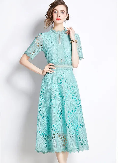 Stand Collar Lace Short Sleeve Summer Dress Women's Vintage Elegant Fashion Long Dresses