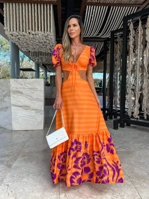 Bohemian Sexy Printed Women Dresses Halter Sleeveless Backless Naked Waist Long Dress Fashion Summer Beach Holiday