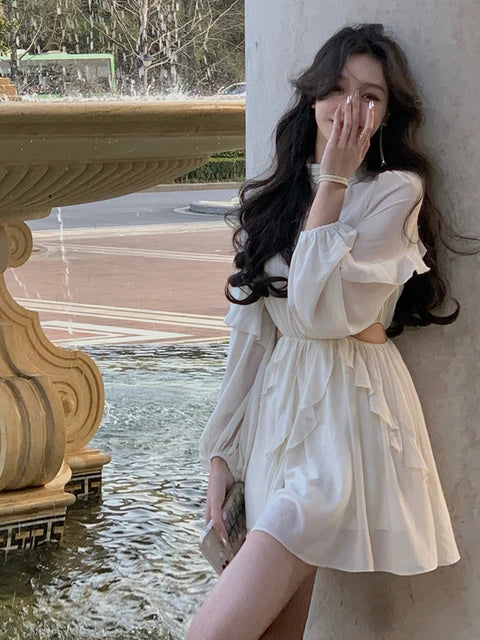 Beach Style Chiffon Mini Dress Office Lady Casual Long Sleeve Elegant One Piece Dress Fashion Clothing Summer