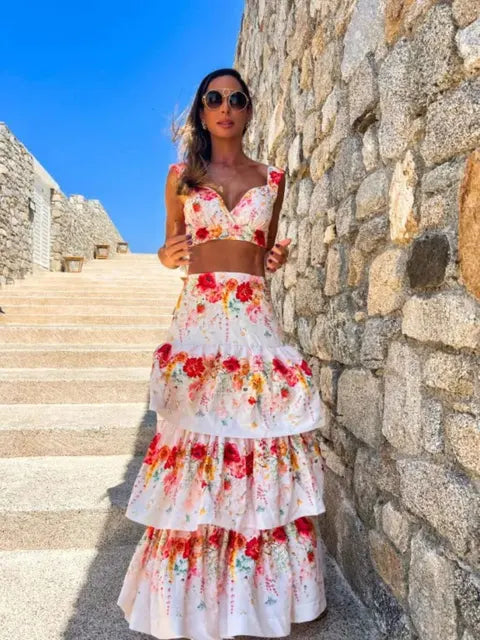 New Women Two-piece Skirt Suit Straps Tube Top Skirt Printed Naked Waist Chic Beach Dance Robe