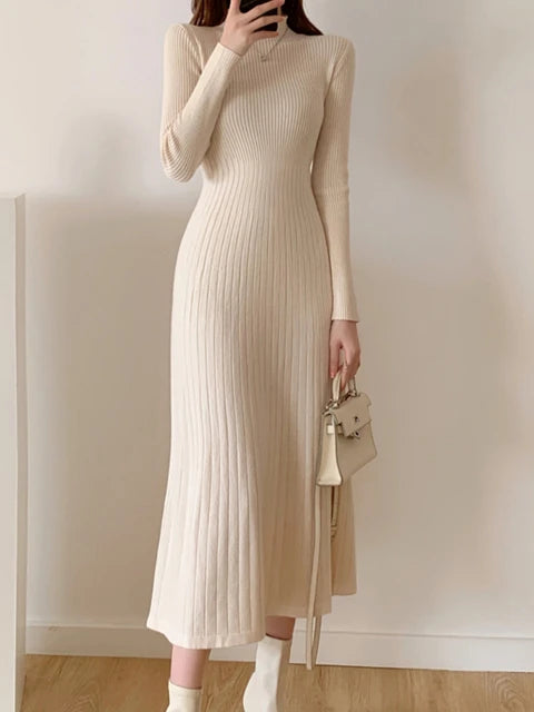 Fall Winter Slim Long Sleeve Party Midi Dress for Women Knitted Half High Collar Elegant Knitted Sweater Dresses