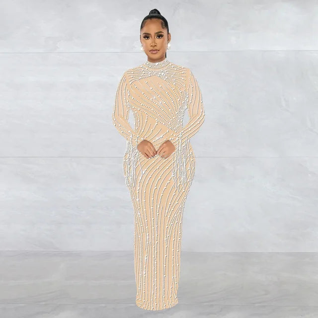 Women Mesh Tassel Long Sleeve Diamonds Hot Rhinestones Bodycon Midi Maxi Long Dress and Tank Inner Dresses 2piece Suit