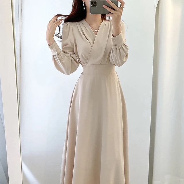 Office Lady V-neck Puff Sleeve A-line Maxi Dresses for Woman Solid Color Midi Office Dresses Elegant Spring
