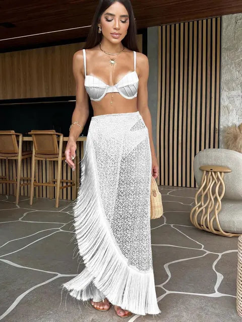 Fashion Sexy Solid Three Piece Bikini Set Padded Bra Tassel High Waist Beach Skirt Swimwear Summer Beach Holiday Bathing Suit