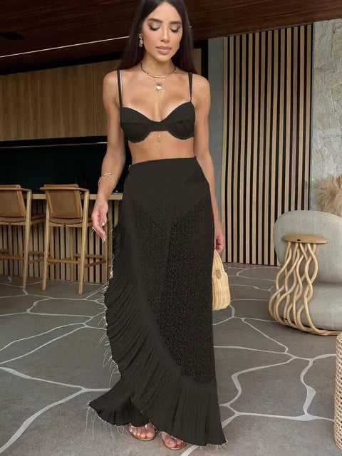 Fashion Sexy Solid Three Piece Bikini Set Padded Bra Tassel High Waist Beach Skirt Swimwear Summer Beach Holiday Bathing Suit