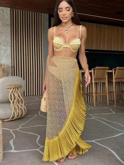 Fashion Sexy Solid Three Piece Bikini Set Padded Bra Tassel High Waist Beach Skirt Swimwear Summer Beach Holiday Bathing Suit