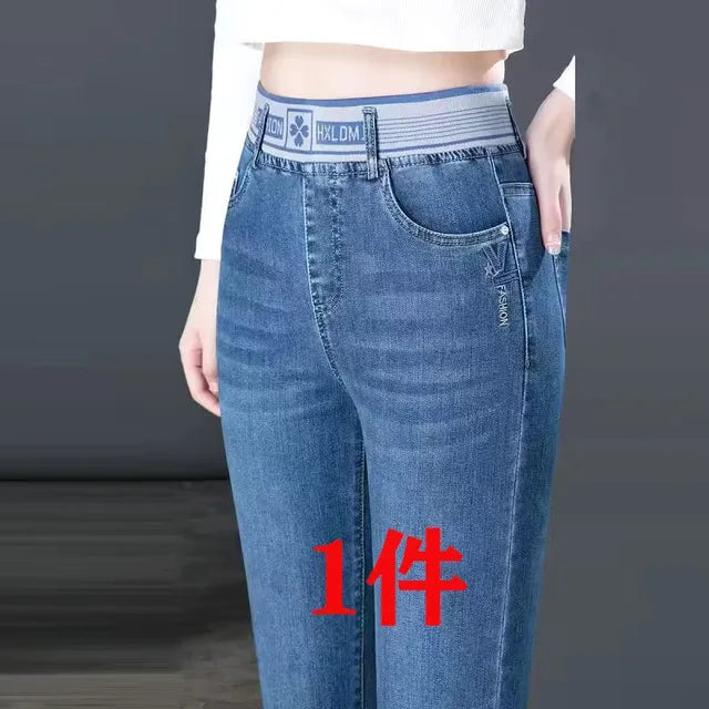 Big Size 36 Straight Jeans Women Casaul Vintage Denim Pants Retro Trousers High Waist Stretch