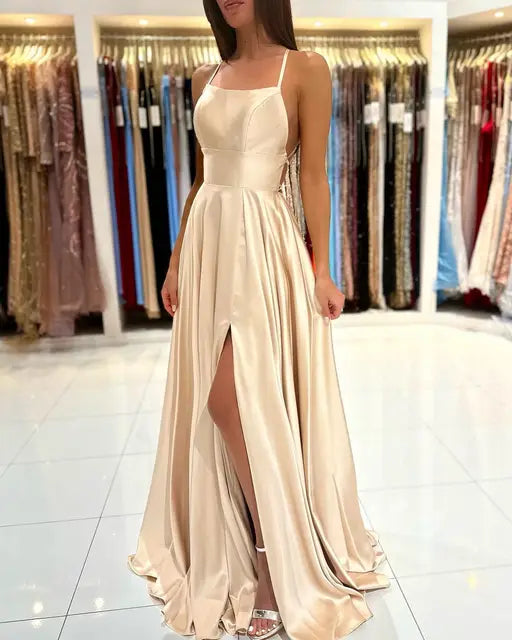 Prom Dress Spandex satin Slit Side Dress A-LINE Scoop Stretch High Split Long Evening Party Wedding Guest Gown