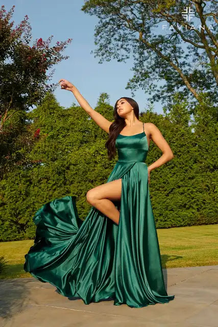 Prom Dress Spandex satin Slit Side Dress A-LINE Scoop Stretch High Split Long Evening Party Wedding Guest Gown