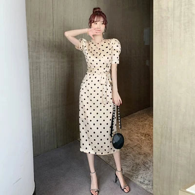 Fashion Holiday Party Club Dress Women Elegant Vintage Puff sleeve V-neck work office lady polka dot a-line dress