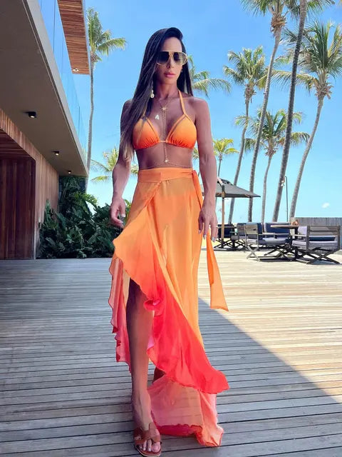 Fashion Sexy Solid Three Piece Bikini Set Padded Bra Tassel High Waist Beach Skirt Swimwear Summer Beach Holiday Bathing Suit