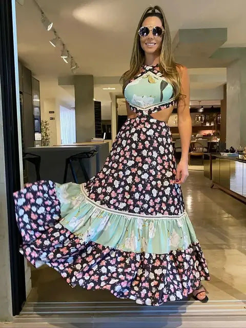 Bohemian Sexy Printed Women Dresses Halter Sleeveless Backless Naked Waist Long Dress Fashion Summer Beach Holiday