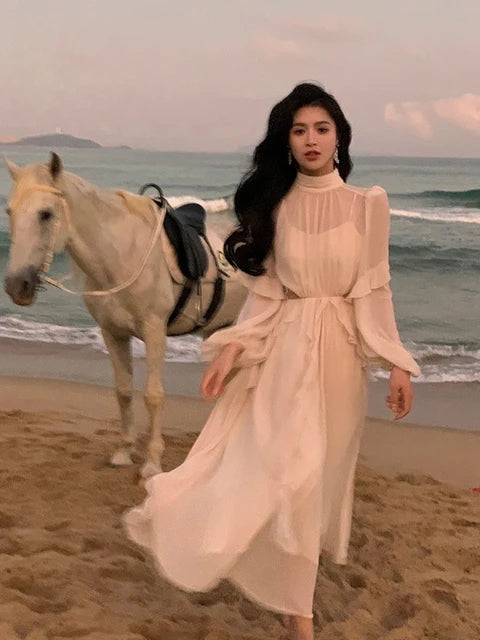 Beach Style Chiffon Mini Dress Office Lady Casual Long Sleeve Elegant One Piece Dress Fashion Clothing Summer