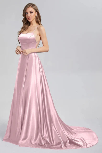 Prom Dress Spandex satin Slit Side Dress A-LINE Scoop Stretch High Split Long Evening Party Wedding Guest Gown