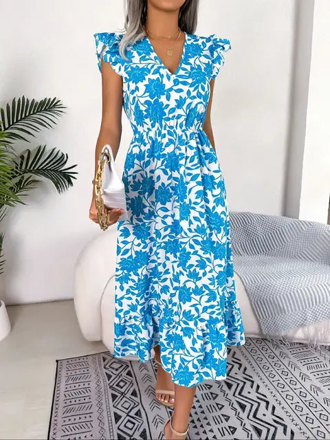 Blue Floral Print White Dresses Women Lace Hollow Out Long Dress Holiady Summer Bodycon Elegant Ruffles
