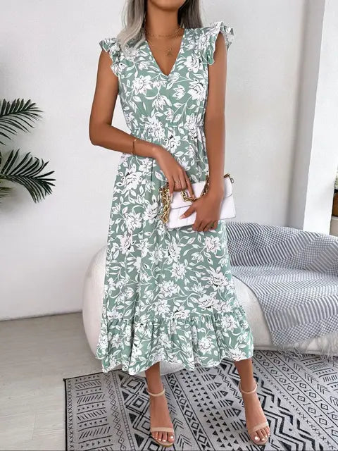Blue Floral Print White Dresses Women Lace Hollow Out Long Dress Holiady Summer Bodycon Elegant Ruffles