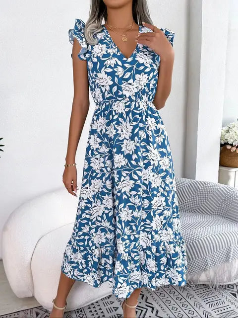 Blue Floral Print White Dresses Women Lace Hollow Out Long Dress Holiady Summer Bodycon Elegant Ruffles