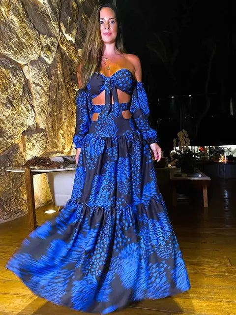 New Women Two-piece Skirt Suit Straps Tube Top Skirt Printed Naked Waist Chic Beach Dance Robe