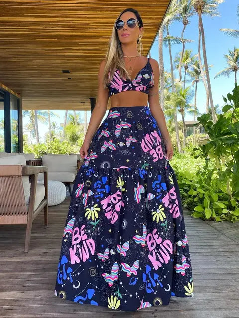 New Women Two-piece Skirt Suit Straps Tube Top Skirt Printed Naked Waist Chic Beach Dance Robe