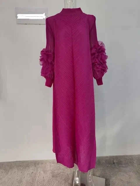 Maxi Pleated Dress Round Neck Spliced Full Sleeve Dresses For Women
