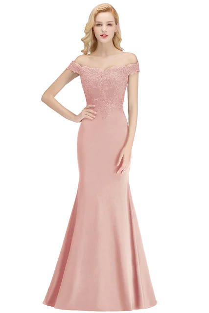 Embroidered Illusion Lace Tops Bridesmaid Dress Off-the-shoulder Neckline Draped Banded Sleeves Mermaid Gown