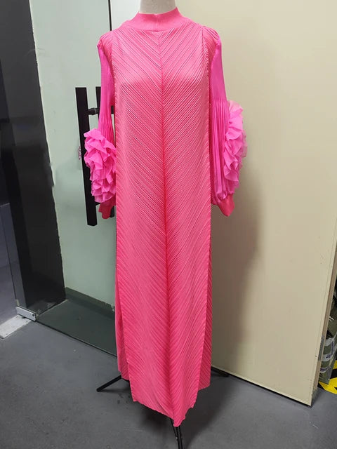 Maxi Pleated Dress Round Neck Spliced Full Sleeve Dresses For Women