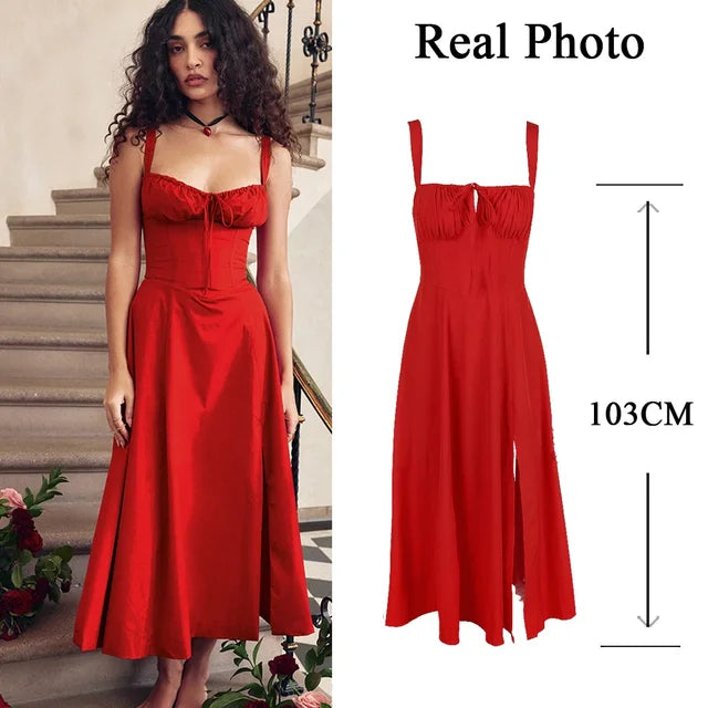 Elegant A Line Midi Dress Sexy Spaghetti Strap Lace Up Red Holiday Party Dresses Summer Dresses Women