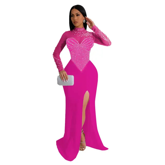 Women Long Sleeve Diamonds Hot Rhinestones High Side Split Mermaid Midi Maxi Dress Sexy Party Dresses