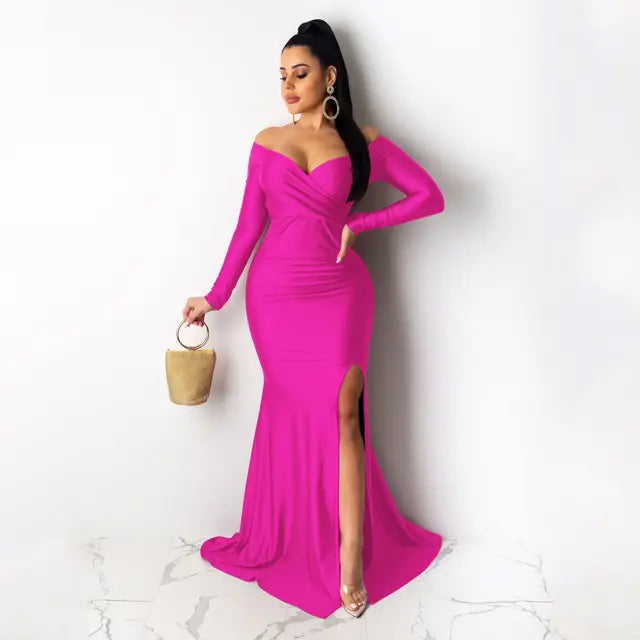 Fall Winter Women Off Shoulder Plunging V-neck High Side Split Mermaid Maxi Dress Sexy Night Party Club Long Dresses