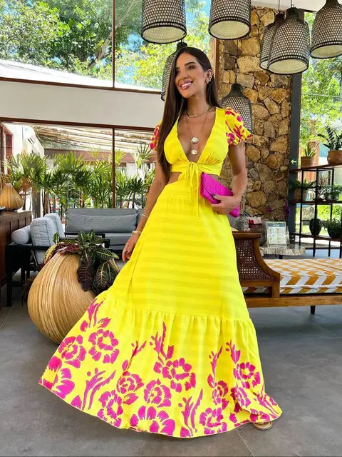 Bohemian Sexy Printed Women Dresses Halter Sleeveless Backless Naked Waist Long Dress Fashion Summer Beach Holiday