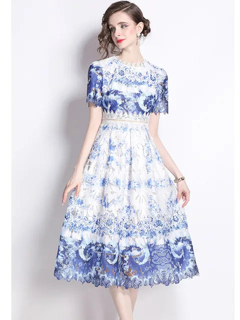 Lace Hollowed Out Summer Dress Women's Water-Soluble Printed Mid Length Dress