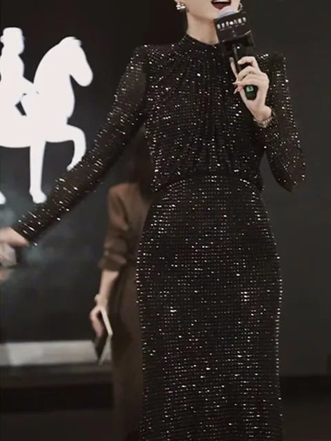 Rhinestones Long Dress New Fall Spring Women Fashion Party Dress