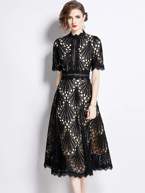 High-End O-Neck Short Sleeve Lace Hollow Out Dress For Women's Summer Slim Elegant Long Dress