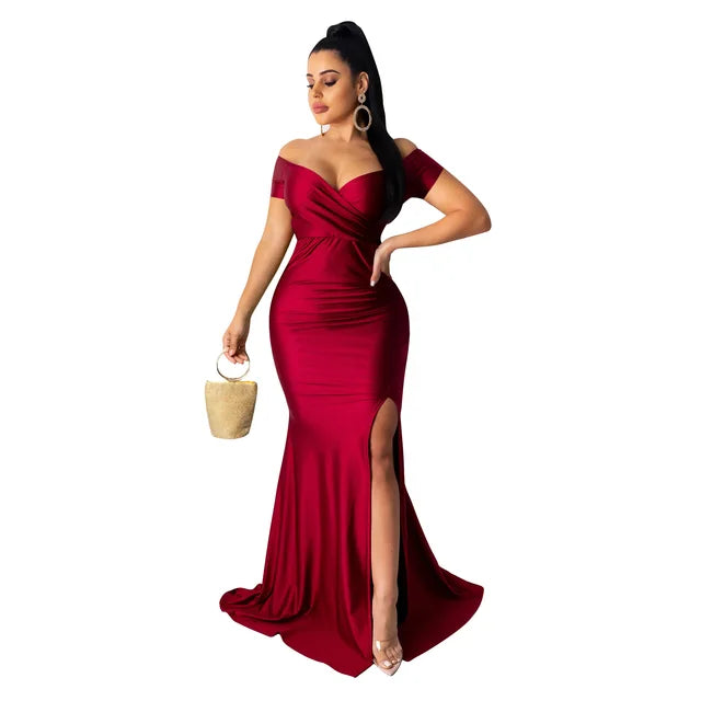 Fall Winter Women Off Shoulder Plunging V-neck High Side Split Mermaid Maxi Dress Sexy Night Party Club Long Dresses