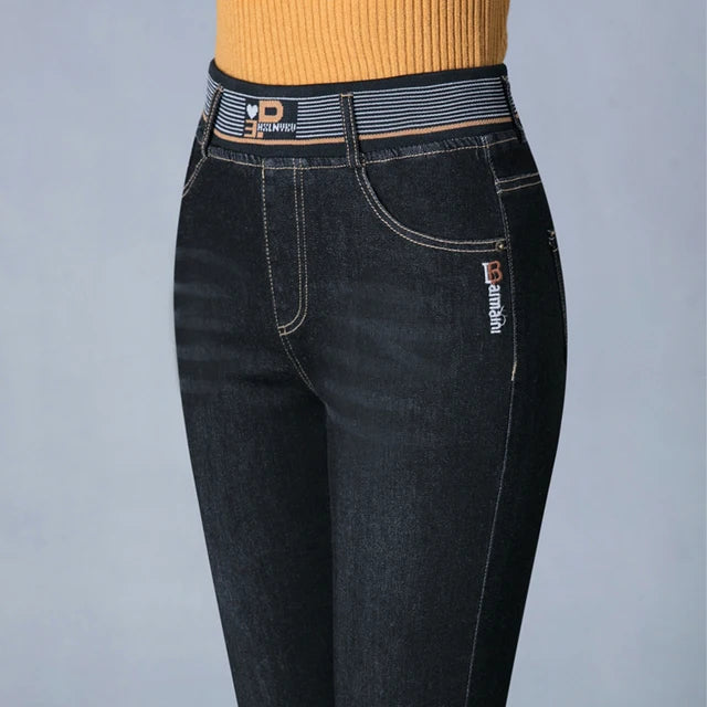 Big Size 36 Straight Jeans Women Casaul Vintage Denim Pants Retro Trousers High Waist Stretch