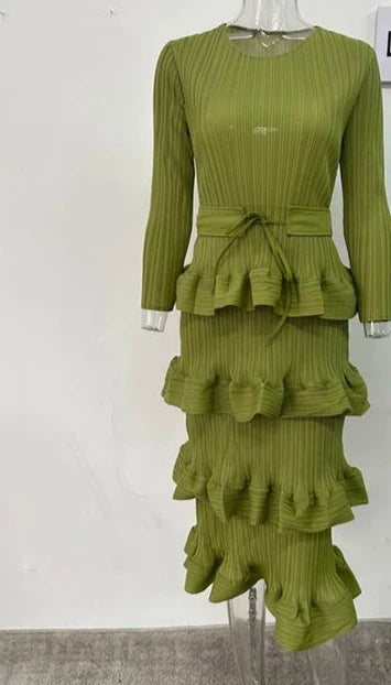 Long Pleated Dress Women Round Neck Solid Color Ruffles Belt Dresses Multi-layer Female Elegant Clothing