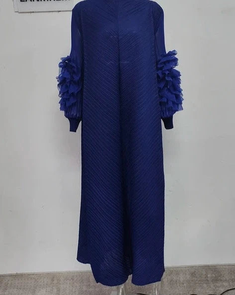 Maxi Pleated Dress Round Neck Spliced Full Sleeve Dresses For Women