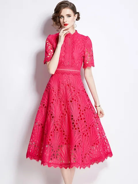 Stand Collar Lace Short Sleeve Summer Dress Women's Vintage Elegant Fashion Long Dresses
